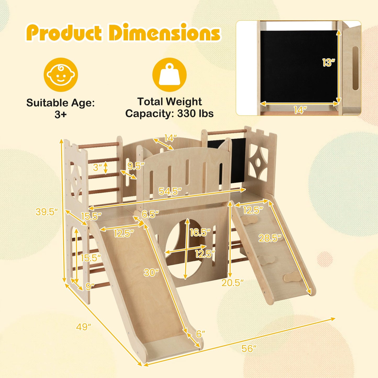 8-in-1 Toddler Slide Wooden Indoor Playground with Climber and Chalkboard-Natural