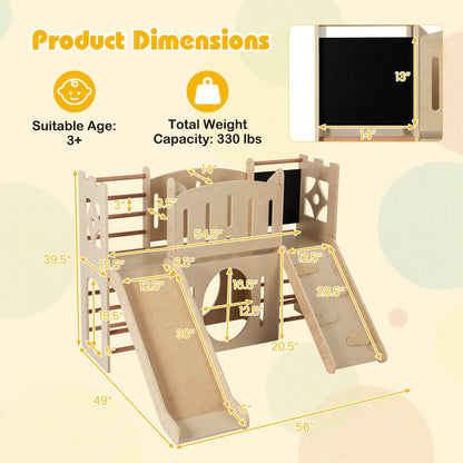8-in-1 Toddler Slide Wooden Indoor Playground with Climber and Chalkboard-Natural