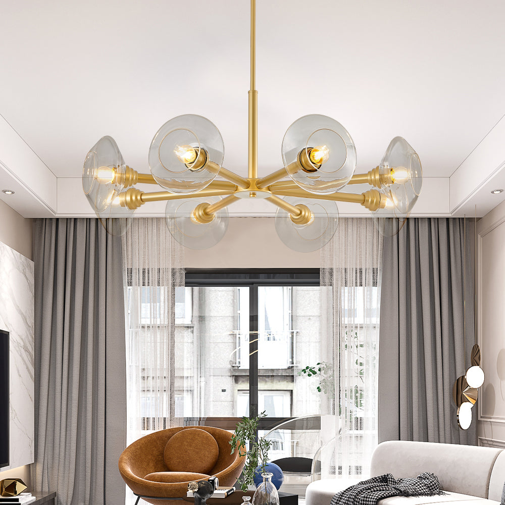 Gold Sputnik Chandelier | Mid-Century Modern Pendant Light with Clear Glass Shades for Dining Room, Living Room & Kitchen