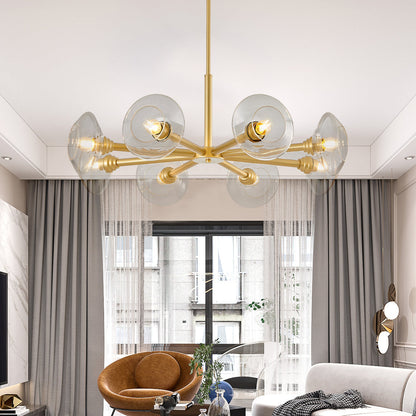 Gold Sputnik Chandelier | Mid-Century Modern Pendant Light with Clear Glass Shades for Dining Room, Living Room & Kitchen