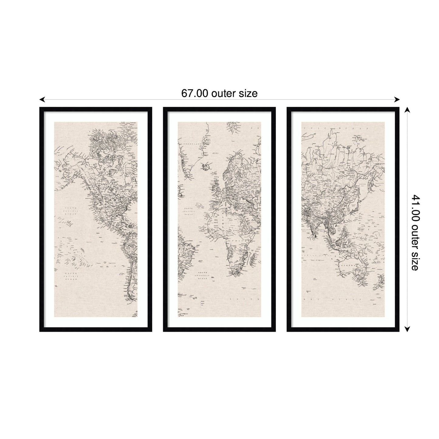 Vintage Black and White World Map Linen 3 Piece Framed Wall Art Print Set by The Creative Bunch Studio