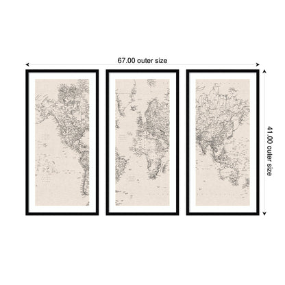 Vintage Black and White World Map Linen 3 Piece Framed Wall Art Print Set by The Creative Bunch Studio