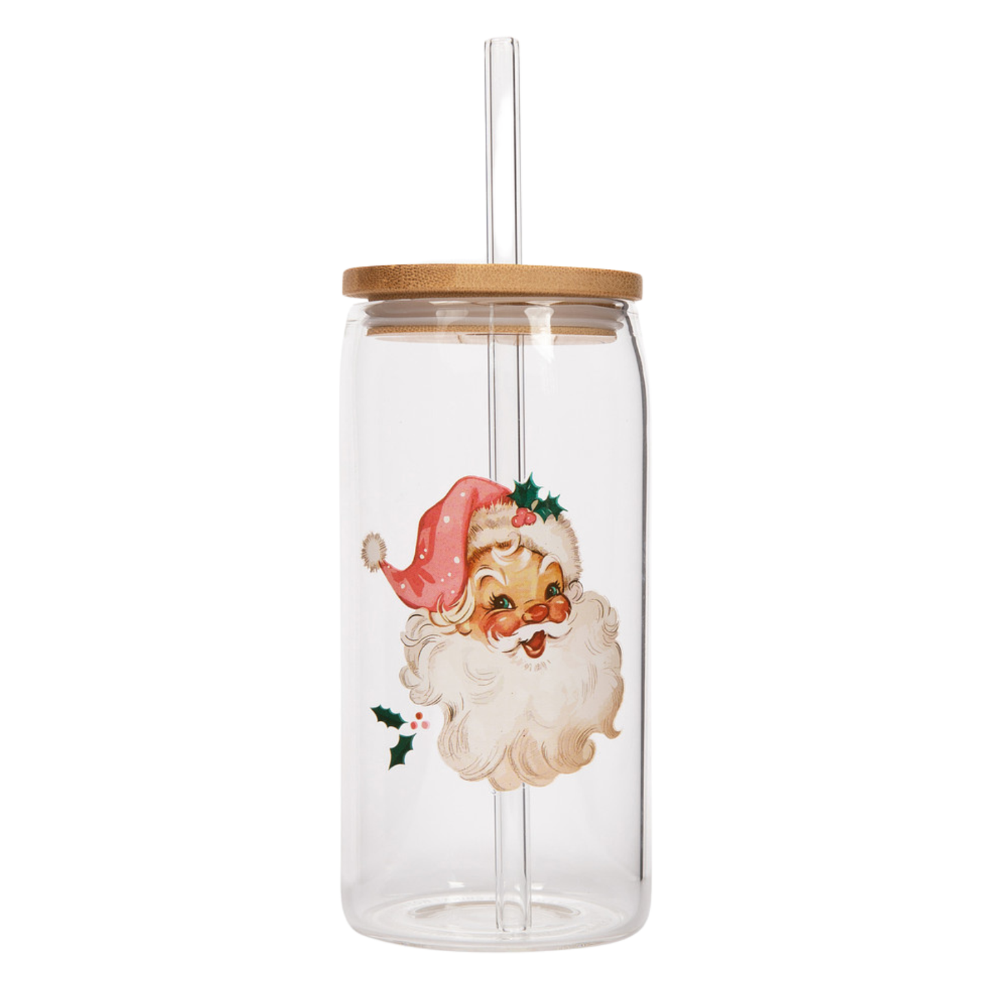 Vintage Santa Can Glass with Glass Straw & Lid 17 oz