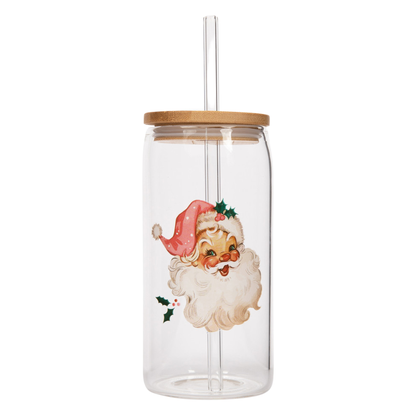 Vintage Santa Can Glass with Glass Straw & Lid 17 oz