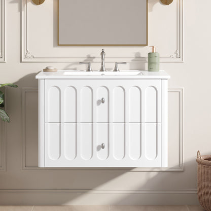 Floating Bathroom Vanity With Oval Knobs & Round Edge, Soft Close Drawer Slides