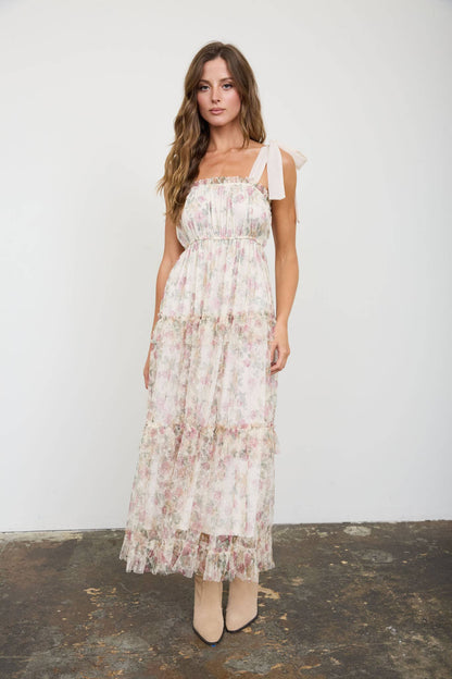FLORAL CHIFFON TIE STRAP RUFFLED TIERED MIDI DRESS: OATMEAL MULTI