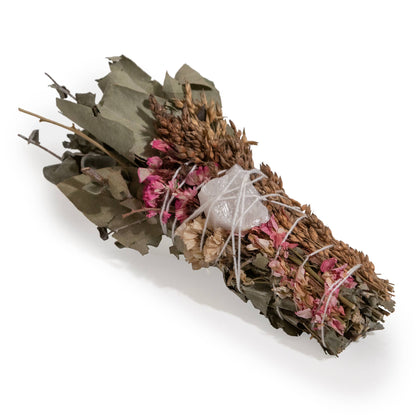 Floral Smudge Wand with Quartz Crystal Pink