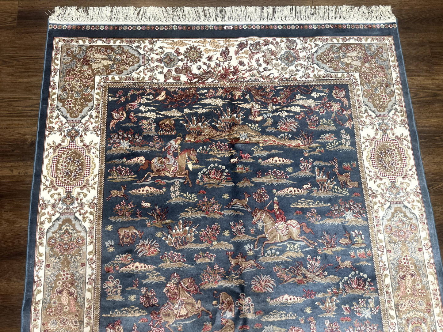 Turkish Silk Rug 5x8, Hunting Design, Animal Pictorials, Steel Blue & Ivory, Bamboo Silk