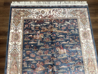 Turkish Silk Rug 5x8, Hunting Design, Animal Pictorials, Steel Blue & Ivory, Bamboo Silk