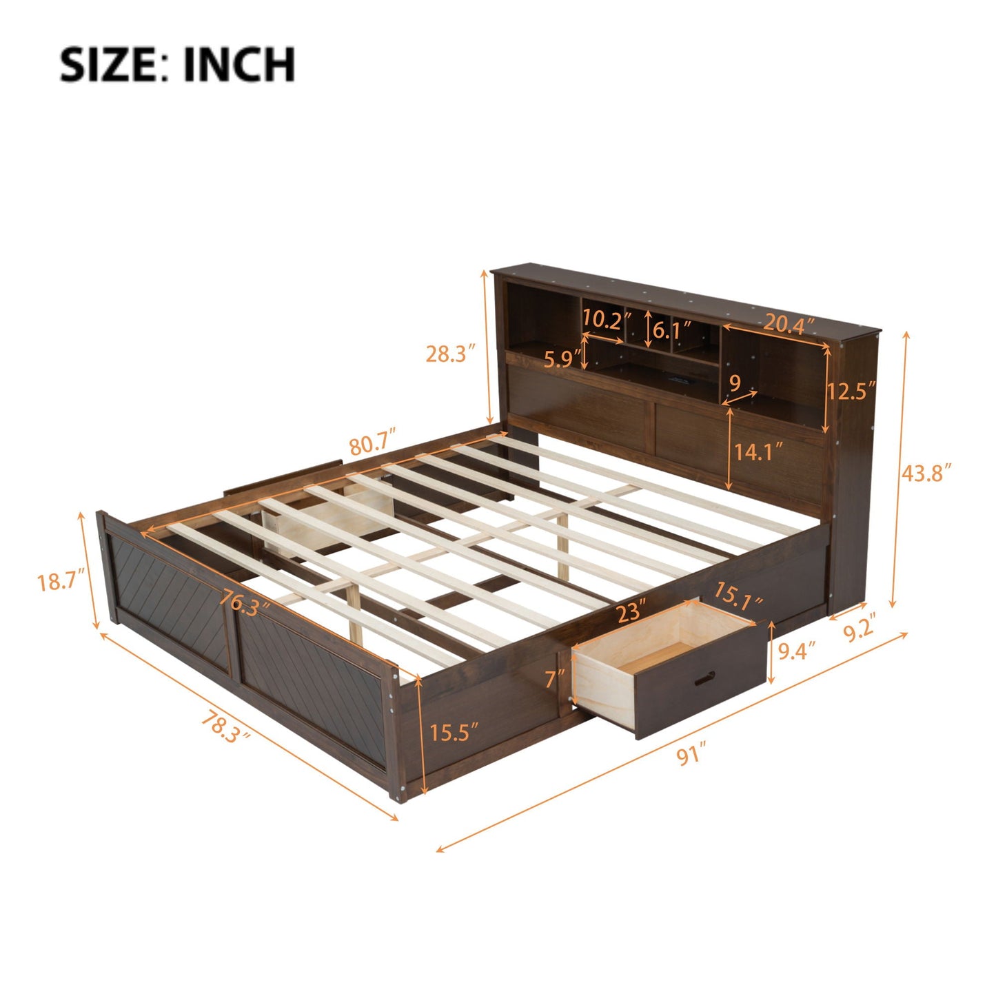 Platform Bed With Multi Storage Headboard, USB And Drawers