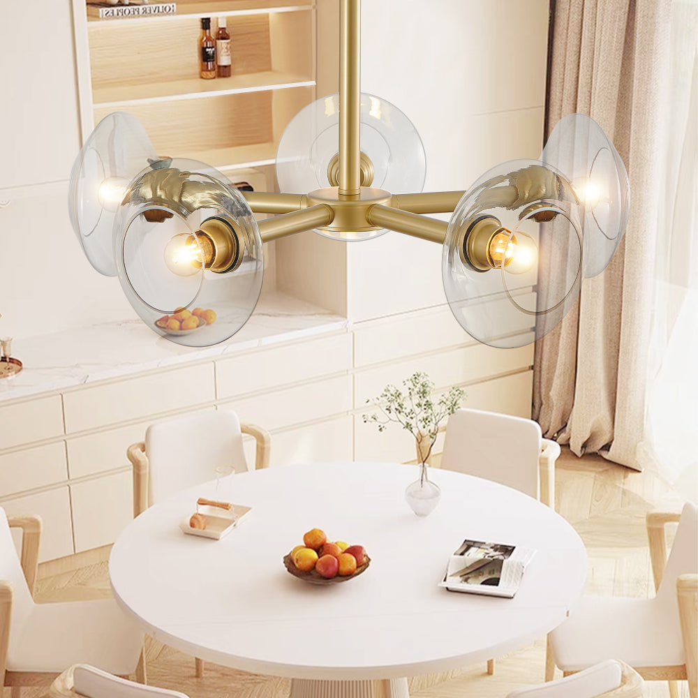 Gold Sputnik Chandelier | Mid-Century Modern Pendant Light with Clear Glass Shades for Dining Room, Living Room & Kitchen