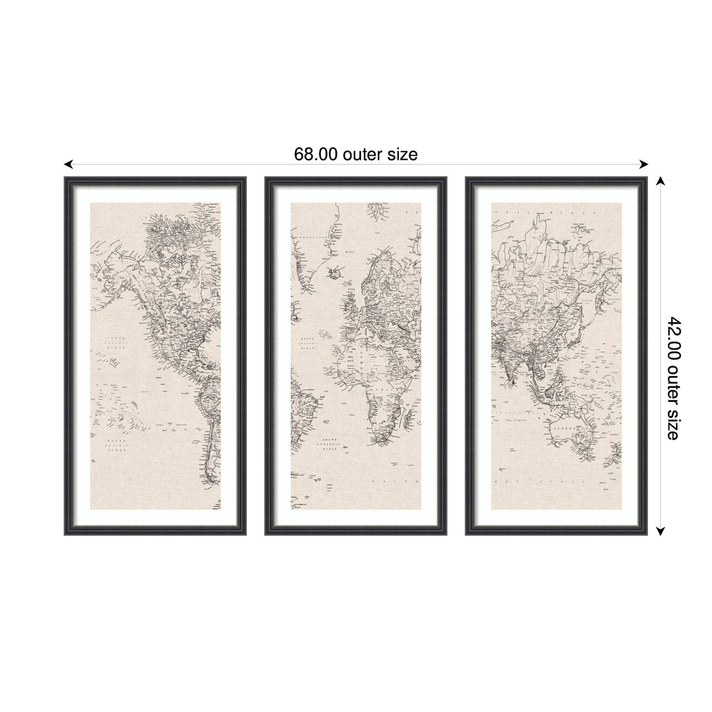 Vintage Black and White World Map Linen 3 Piece Framed Wall Art Print Set by The Creative Bunch Studio