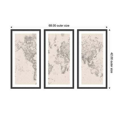 Vintage Black and White World Map Linen 3 Piece Framed Wall Art Print Set by The Creative Bunch Studio