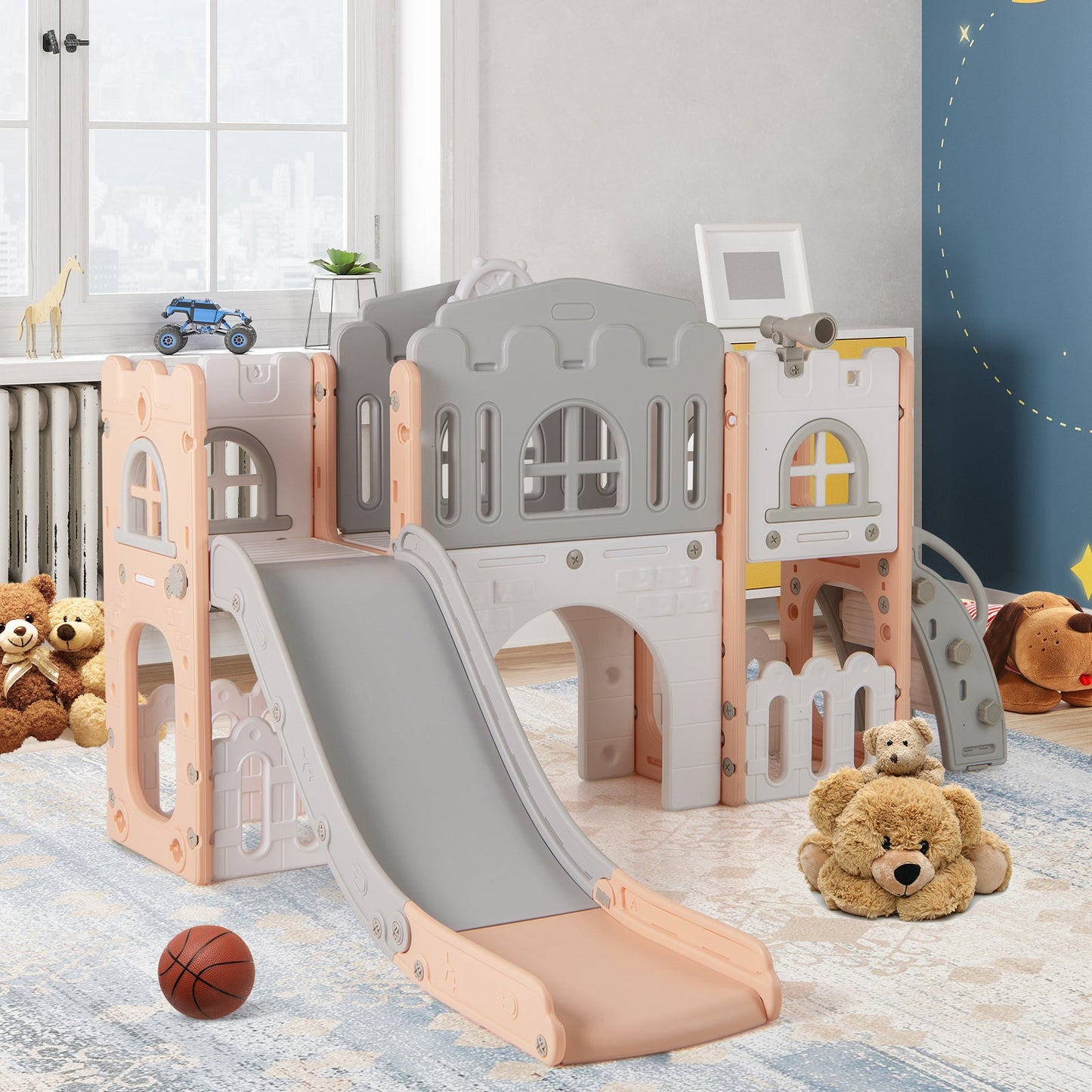 All-in-1 Toddler Slide Playset Playground with Tunnel and Ladder and Basketball