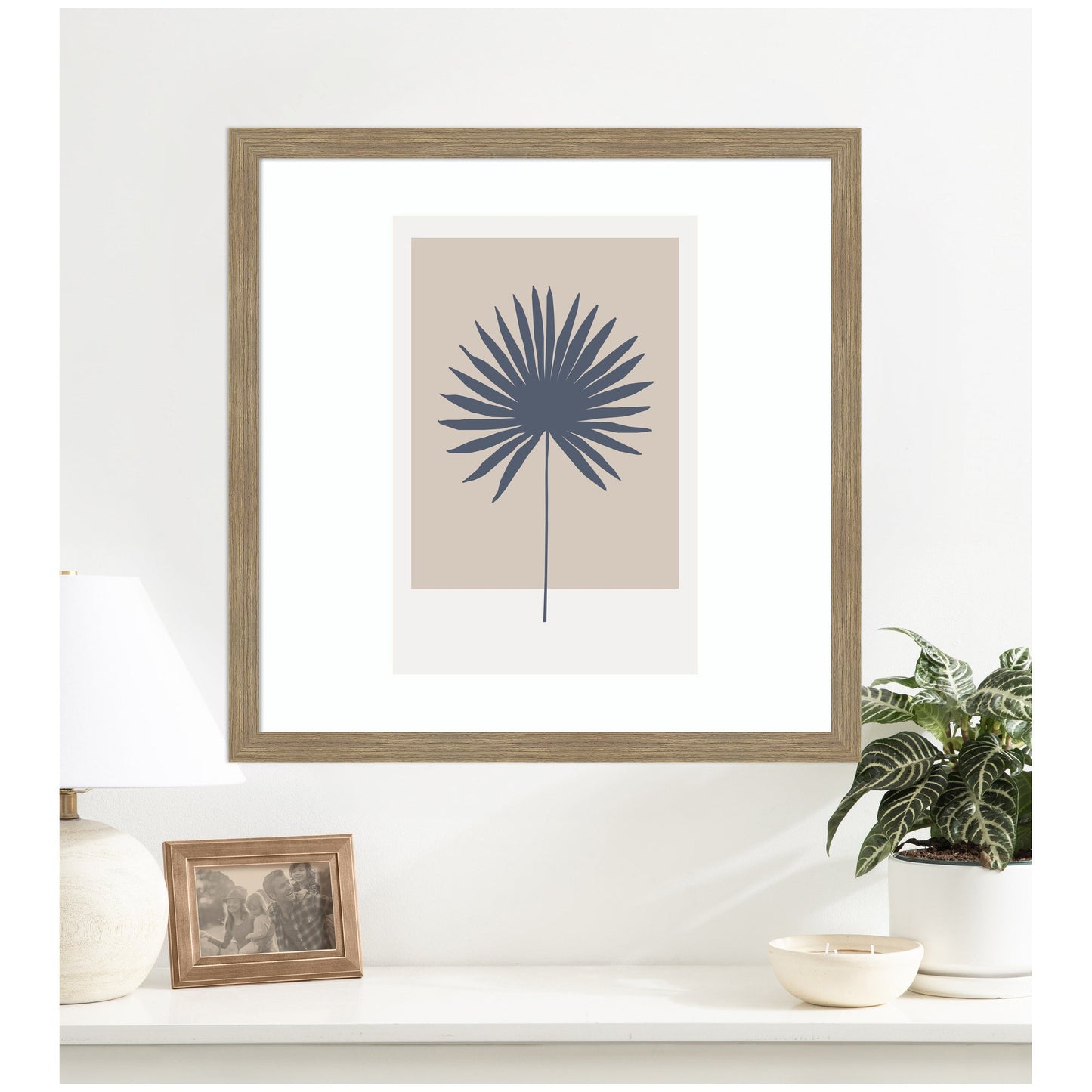 Muted Tan and Blue Colorblock Botanical Palm by The Creative Bunch Studio Framed Wall Art Print