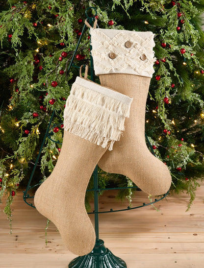 Fennco Styles Fringe Button Design Decorative Jute Christmas Stocking -13"x19"