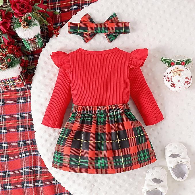Stylesilove Infant Baby Girls Ribbed Long Sleeve Cotton Bodysuit, Plaid Skirt & Headband 3pcs Christmas Holiday Outfit
