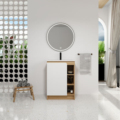 Freestanding Bathroom Vanity With Thin Rim Sink, Single Door With 4 Tier Open Shelves - Light Oak / White