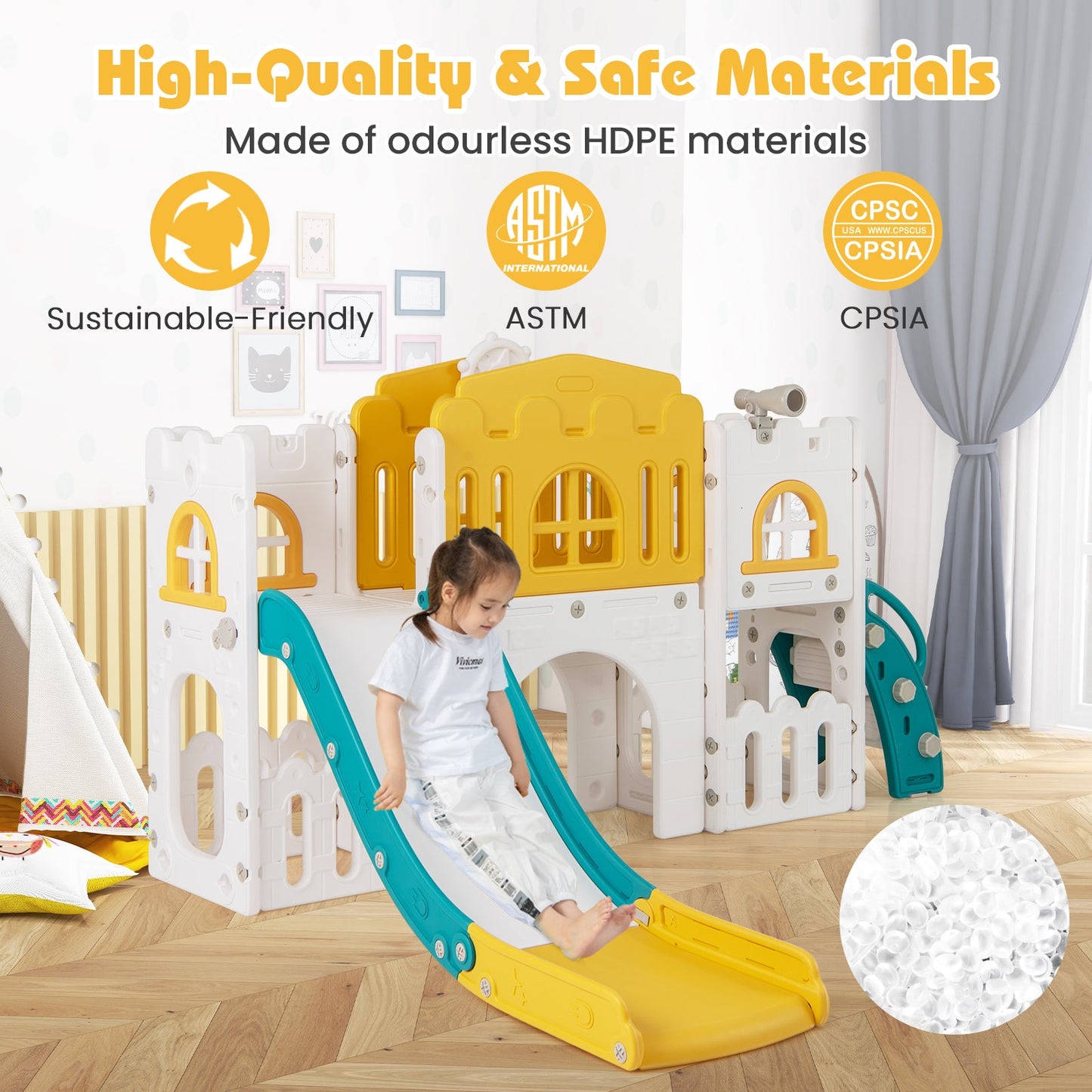 All-in-1 Toddler Slide Playset Playground with Tunnel and Ladder and Basketball