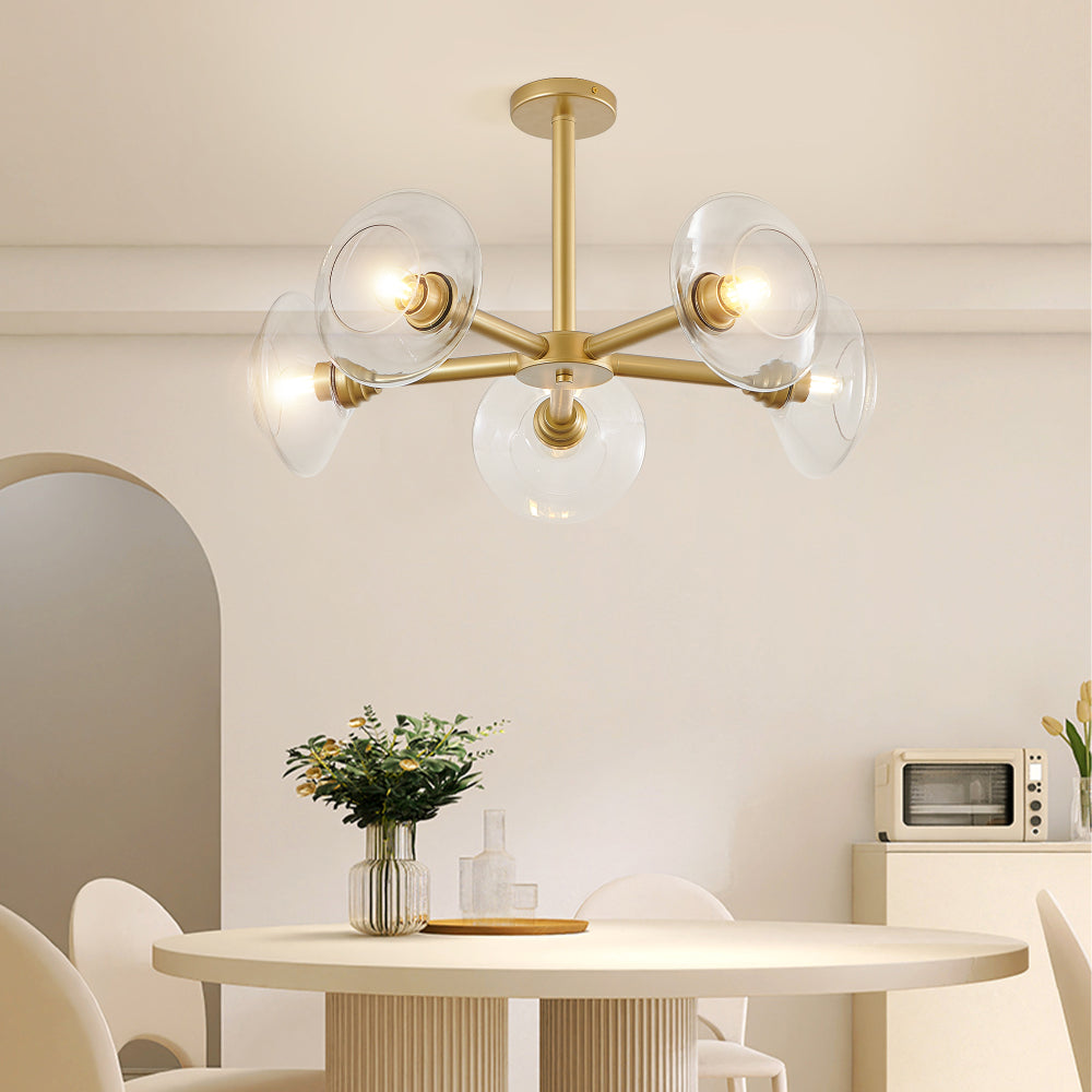 Gold Sputnik Chandelier | Mid-Century Modern Pendant Light with Clear Glass Shades for Dining Room, Living Room & Kitchen
