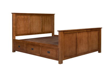 Mission Oak Storage Panel Bed with Three Drawers: MC stain