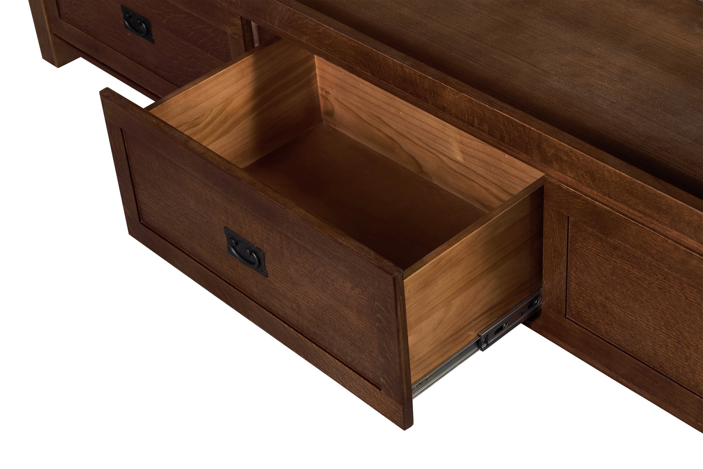Mission Oak Storage Panel Bed with Three Drawers: Walnut stain