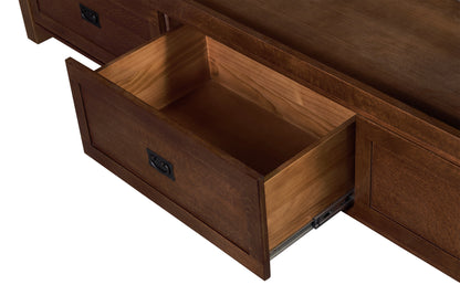 Mission Oak Storage Panel Bed with Three Drawers: Walnut stain