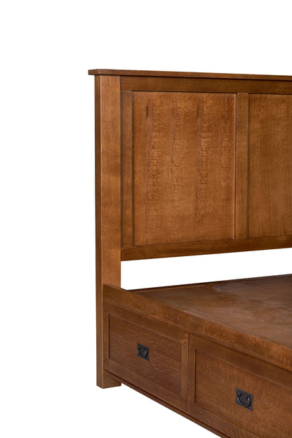 Mission Oak Storage Panel Bed with Three Drawers: MC stain
