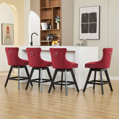 Swivel Velvet Barstools with Button Tufted Decoration - Set of 2 (Wine Red)