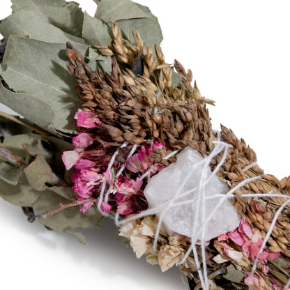 Floral Smudge Wand with Quartz Crystal Pink