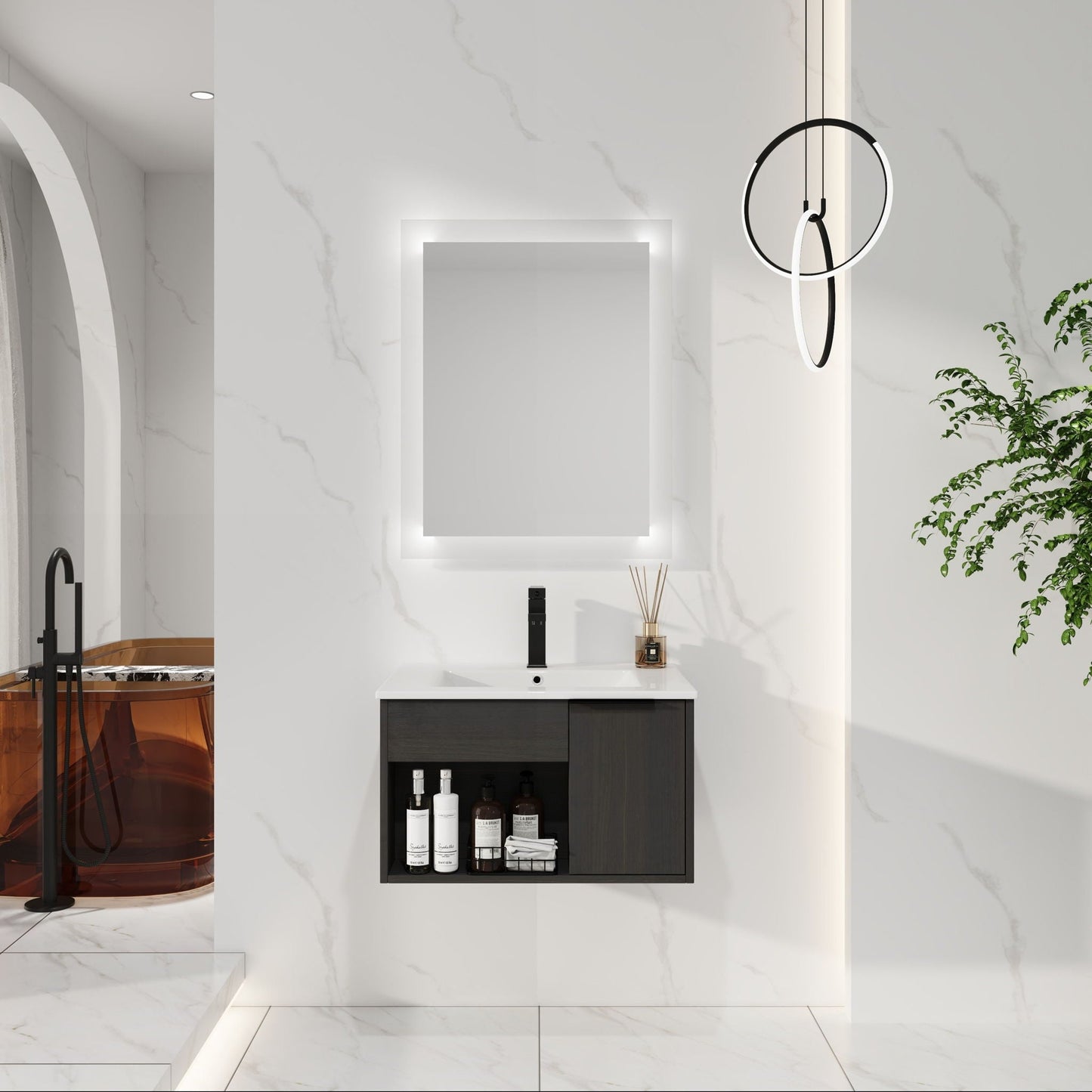 Wall Mounted Floating Bathroom Vanity With Open Shelf & Soft Close Door