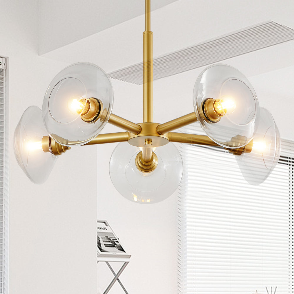 Gold Sputnik Chandelier | Mid-Century Modern Pendant Light with Clear Glass Shades for Dining Room, Living Room & Kitchen