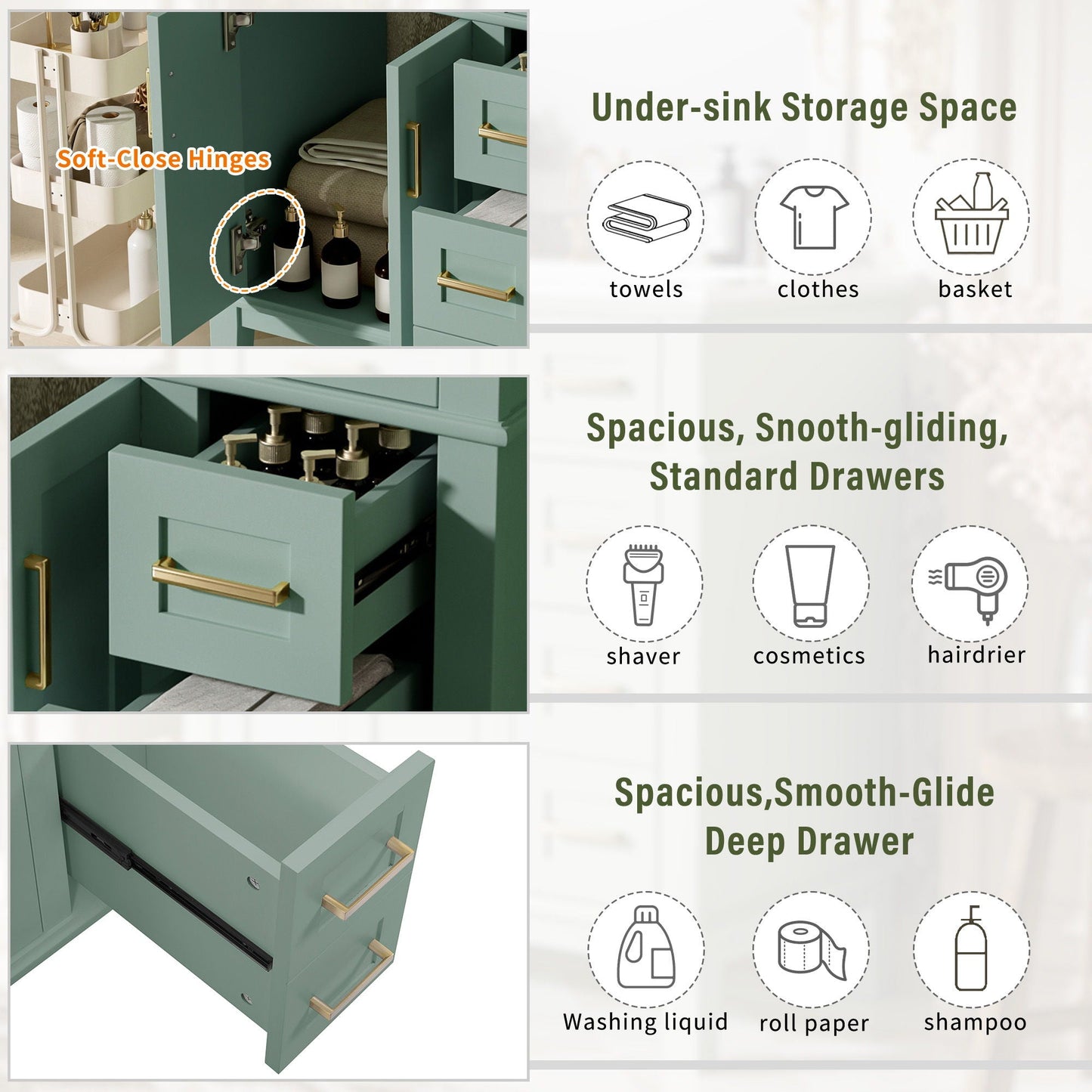 Modern Bathroom Vanity With Sink, Storage Cabinet, Soft Close Doors, Deep & Standard Drawers