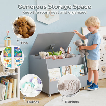 Wooden Mobile Toy Storage Organizer with Bookshelf and Lockable Wheels