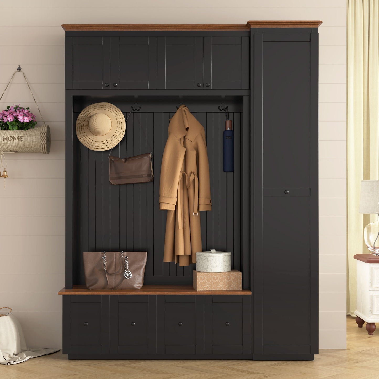 Entryway Hall Tree With Storage Bench, Coat Rack Shoe Bench With Cabinets