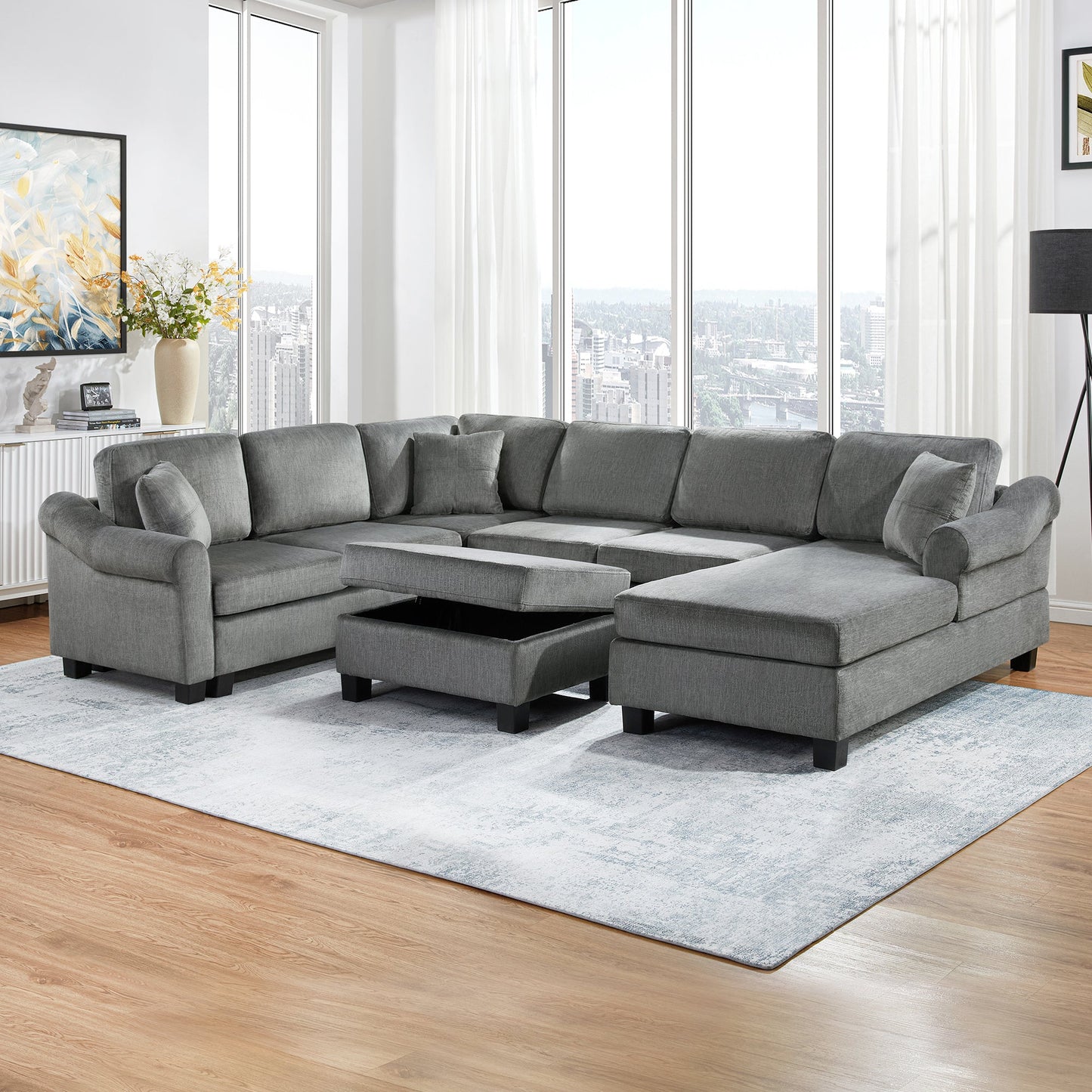 Sectional Sofa 111.8" U-Shaped Chenille Upholstered Couch