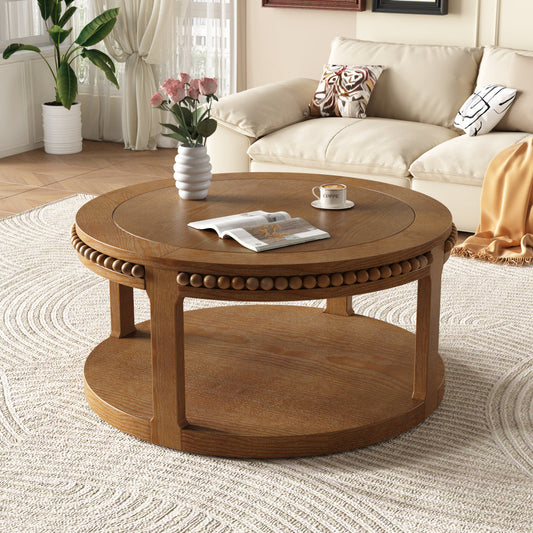 31.5" Round Solid Wood Coffee Table — Two-Tier Shelf, Natural Finish