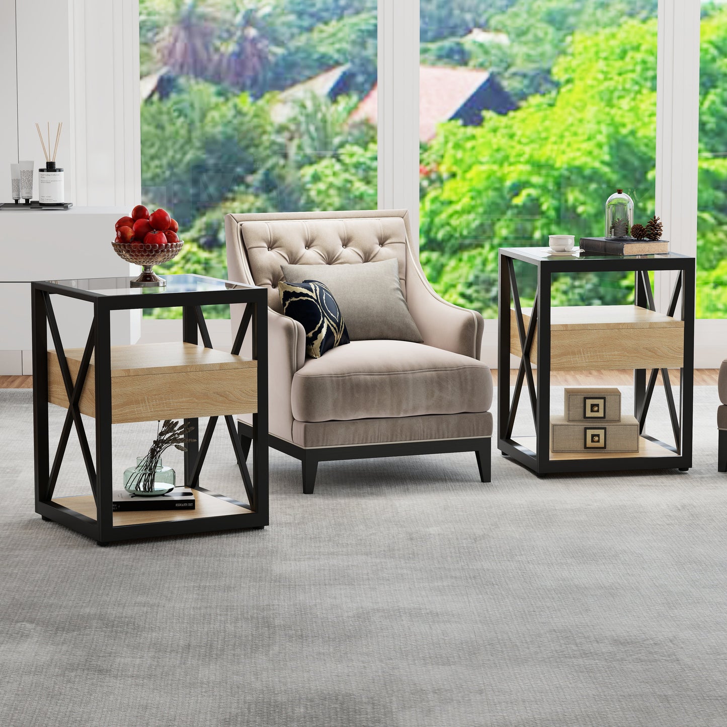 Set of 2 Modern End Table with Drawer - Nightstand for Bedroom & Living Room