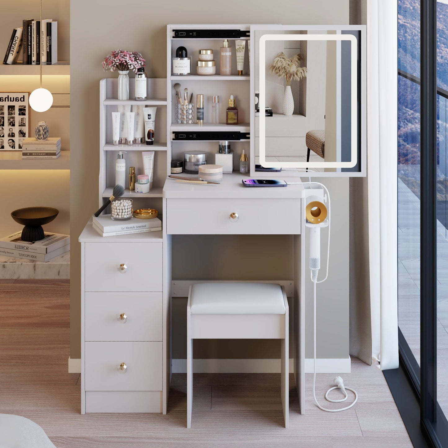 Cabinet Vanity Table & Cushioned Stool, USB Power Station, Hair Dryer Bracket - White