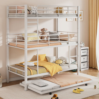 Triple Bunk Bed With Trundle, Heavy Duty Steel Construction