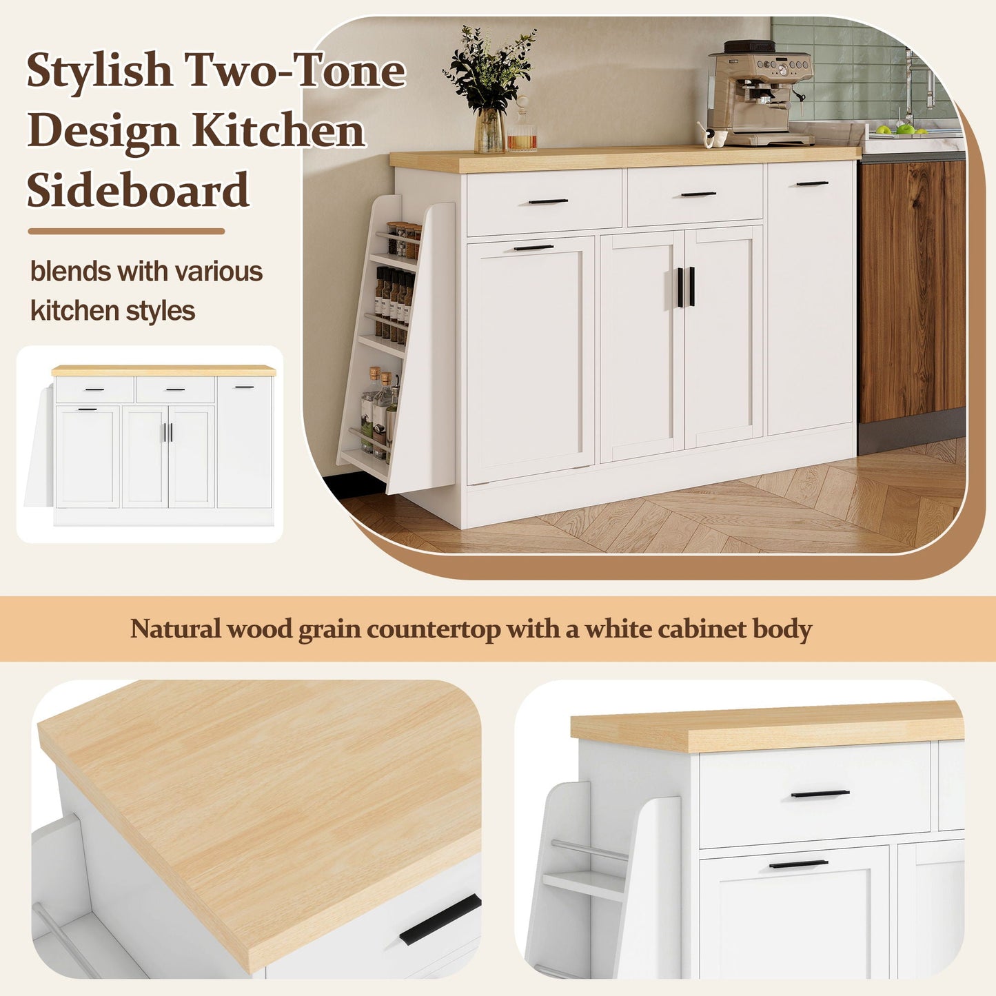 Kitchen Sideboard With Sliding Door Cabinet, 3 Tier Spice Rack