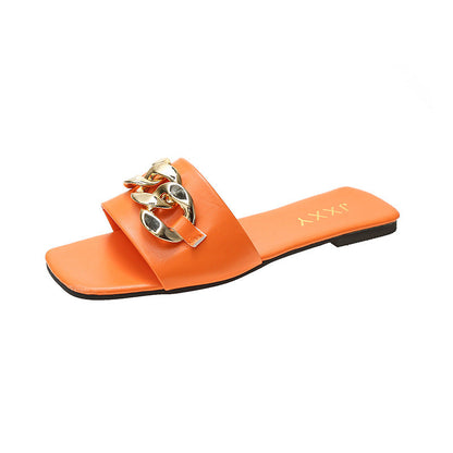 Women Sandals Design Gold Chain Closed Toe Slip On Mules Shoes Flat Heels Square Head Casual Slides Summer Slippers Open Toe Flat Sandals Metal Chain PU Leather Slides Shoes