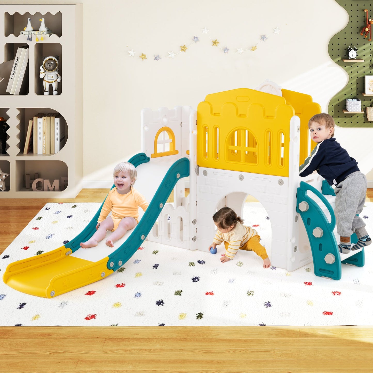 9-in-1 Toddler Slide L-Shaped with Basketball Hoop and Steering Wheel