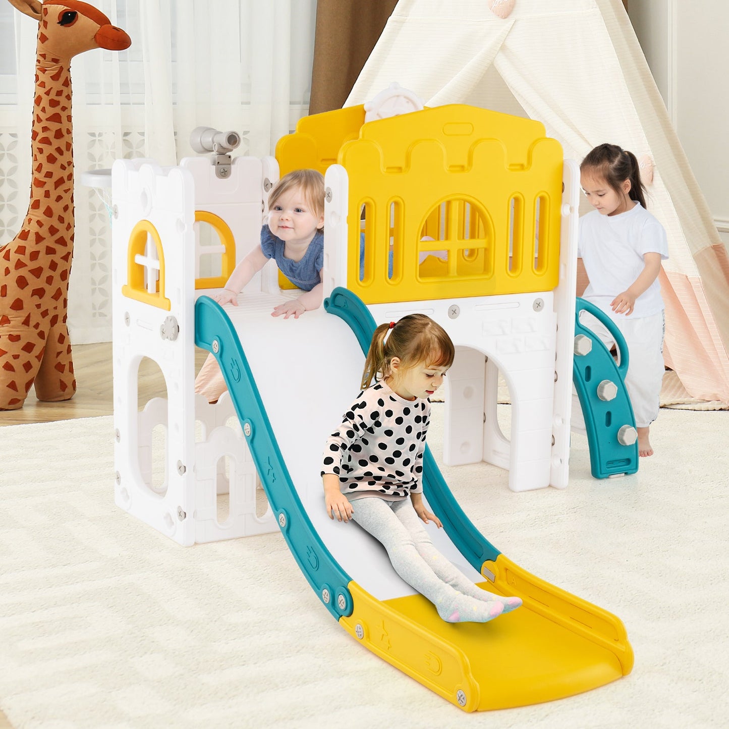 9-in-1 Toddler Slide L-Shaped with Basketball Hoop and Steering Wheel