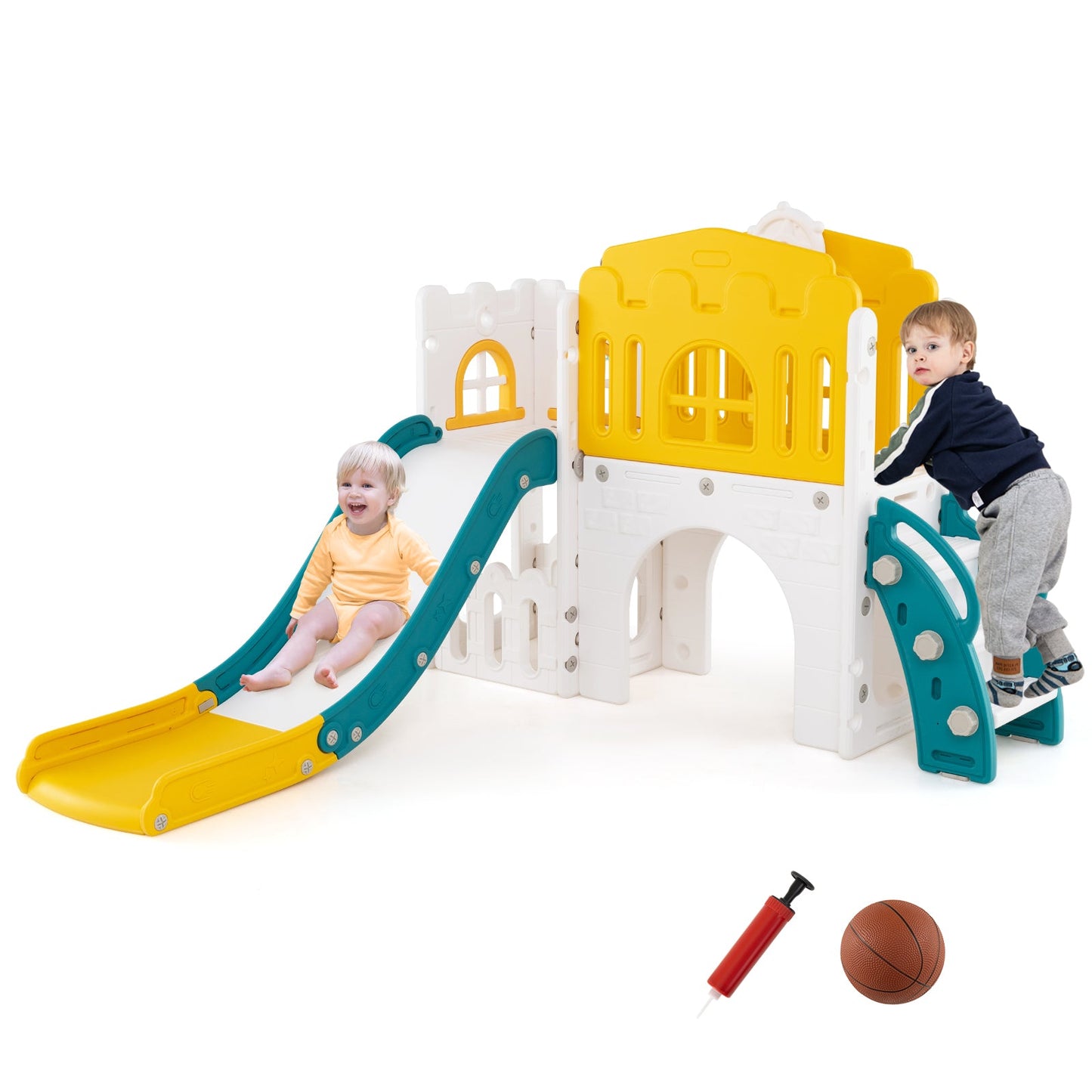 9-in-1 Toddler Slide L-Shaped with Basketball Hoop and Steering Wheel