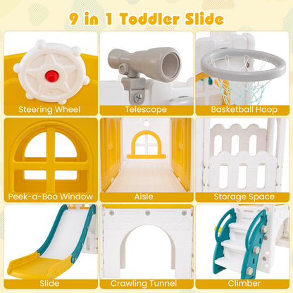 9-in-1 Toddler Slide L-Shaped with Basketball Hoop and Steering Wheel