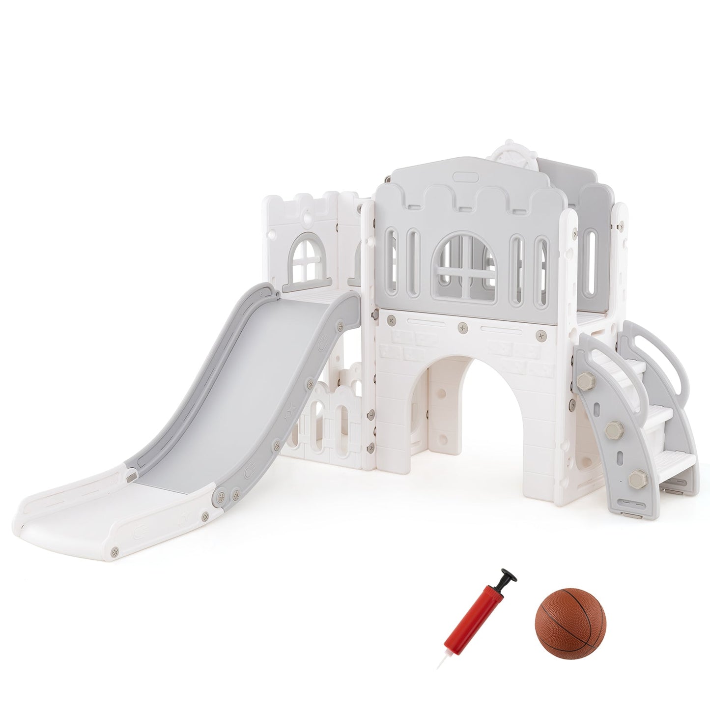9-in-1 Toddler Slide L-Shaped with Basketball Hoop and Steering Wheel
