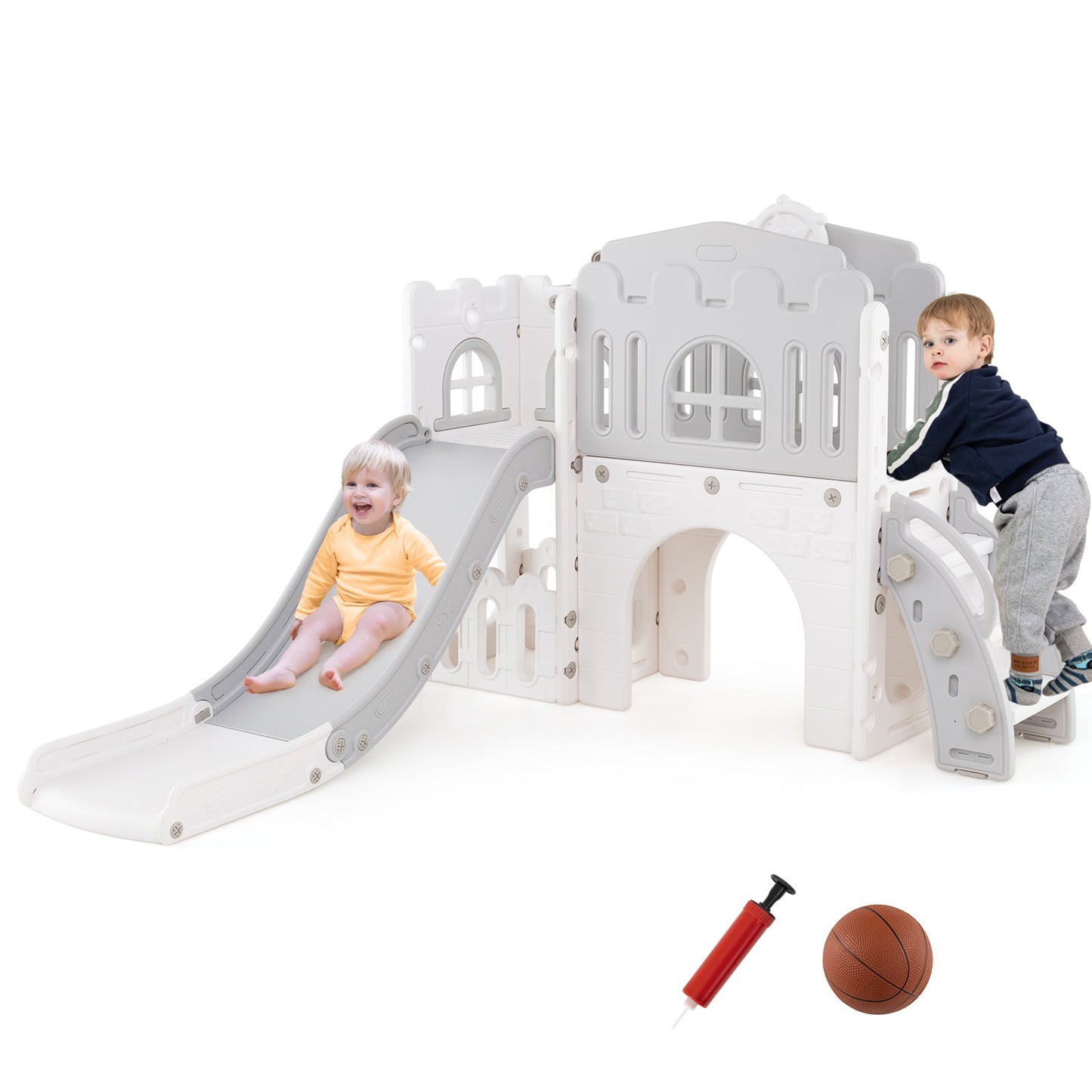 9-in-1 Toddler Slide L-Shaped with Basketball Hoop and Steering Wheel