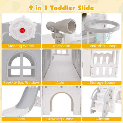 9-in-1 Toddler Slide L-Shaped with Basketball Hoop and Steering Wheel