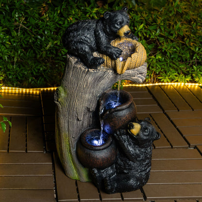 Bear Tree Stump Outdoor Water Fountain With LED Lights - Brown Gray